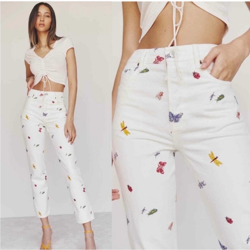 Reformation White Jeans with Floral Accents
